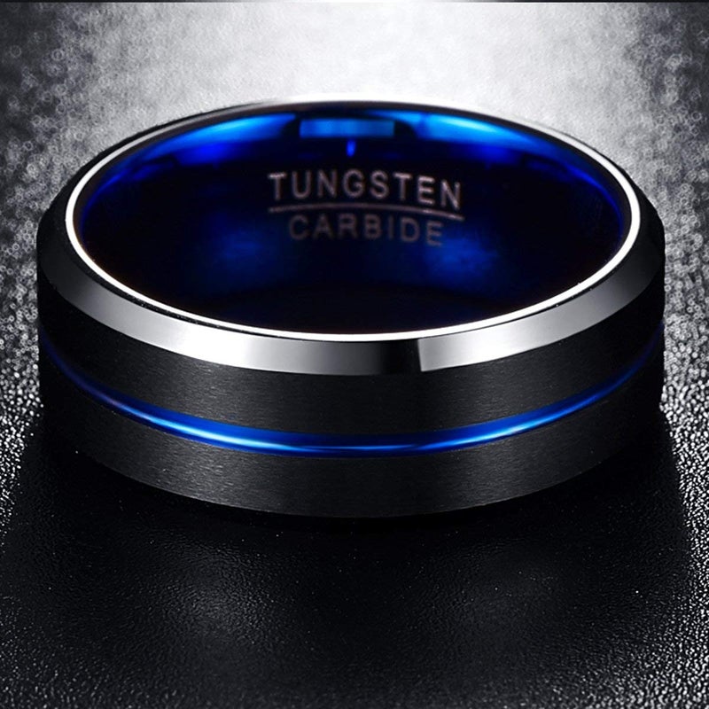 NUNCAD Black Matte Finish Tungsten Rings for Men Women with Blue Grooved Center Polished Beveled Edges 8mm Men Wedding Rings Comfort Fit Size 15 - Image 3